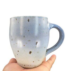 Hand Made Pottery Coffee Mug Cup White Light Blue Ombré W Specks Stoneware VTG